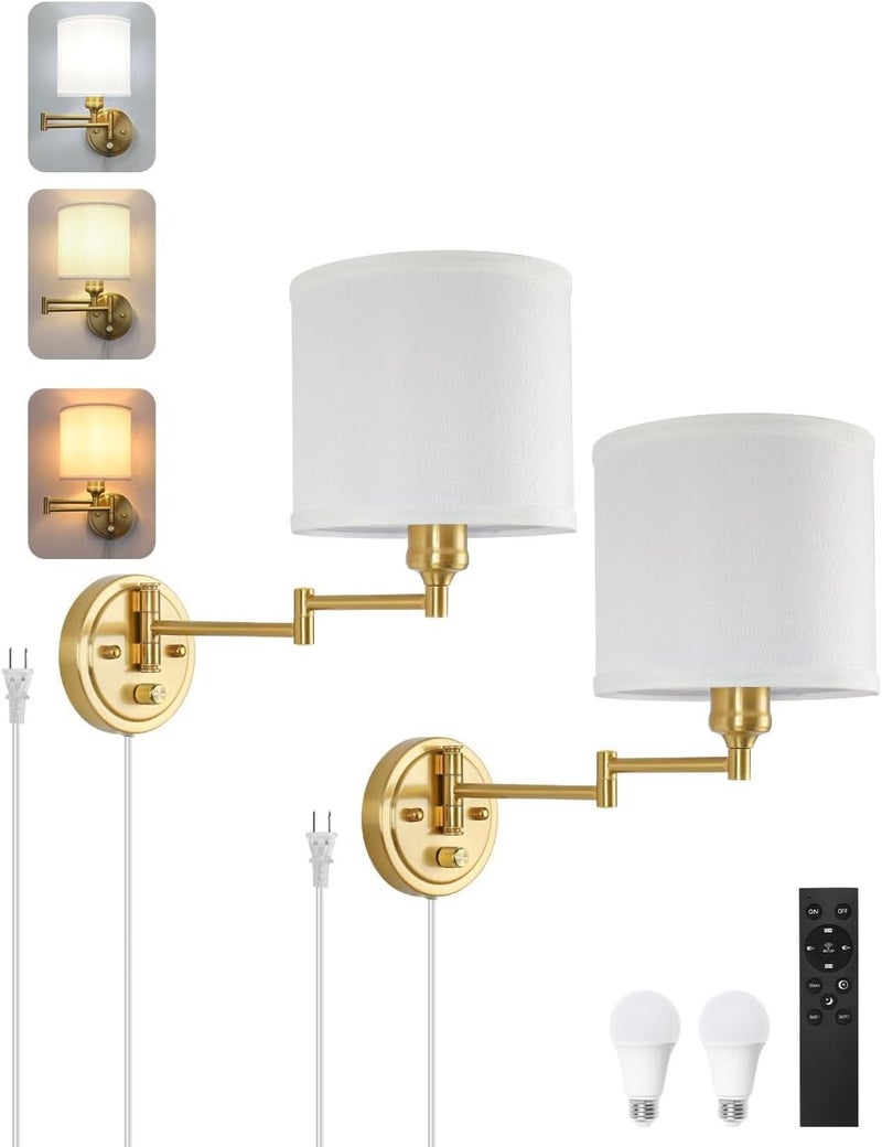 GOODATE Plug in Wall Sconces with Remote Control, Dimming 10%-100% & Adjustable Colors 2700K-6500K, Hardwire or Plug-in, Swing Arm Wall Lamp with White Fabric Shade, Wall Sconces Set of Two, Gold Finish - Image 1